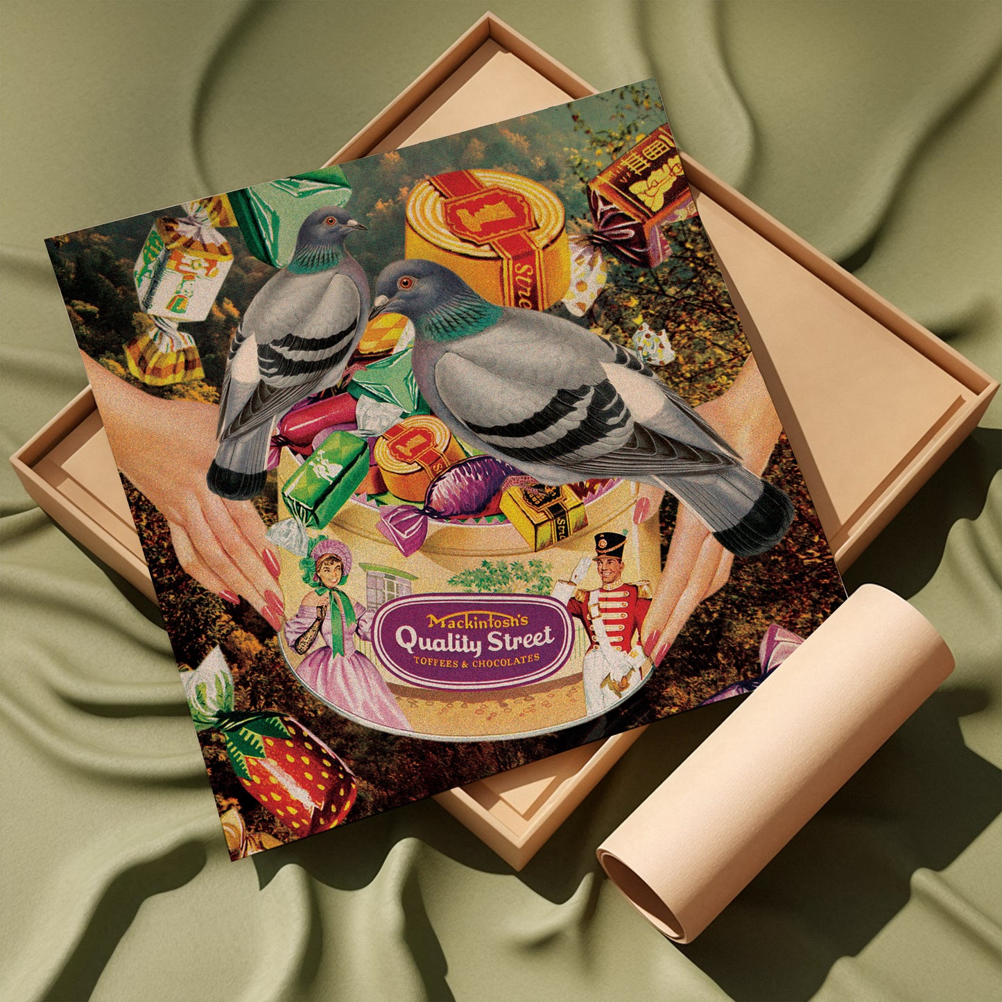 Cosmos junto a la piscina - Collage surrealista de inspiración retro Cuadrado Impresión de 20x20cm