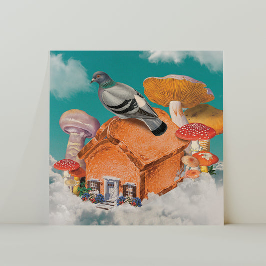 Cosmos by the Pool – Retro-inspirierte surrealistische Collage, quadratisch, 20 x 20 cm, Druck