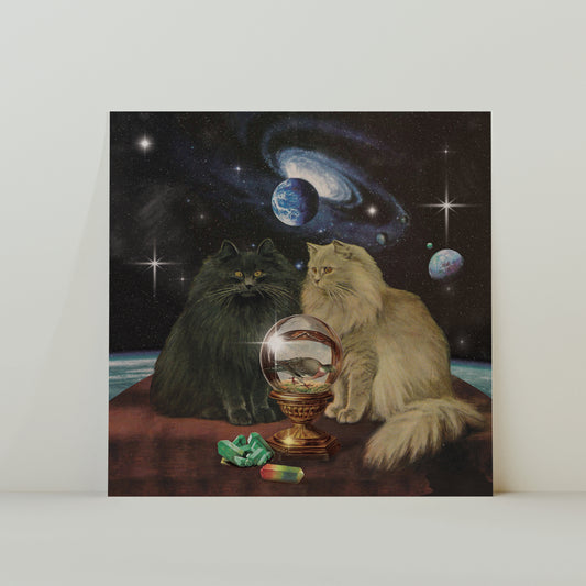 Cosmos by the Pool – Retro-inspirierte surrealistische Collage, quadratisch, 20 x 20 cm, Druck