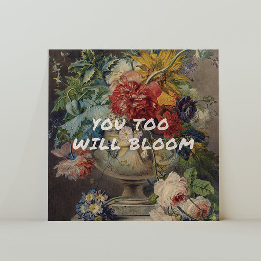 You Too Will Bloom – Retro-inspirierter surrealistischer Collage-Druck, quadratisch, 20 x 20 cm