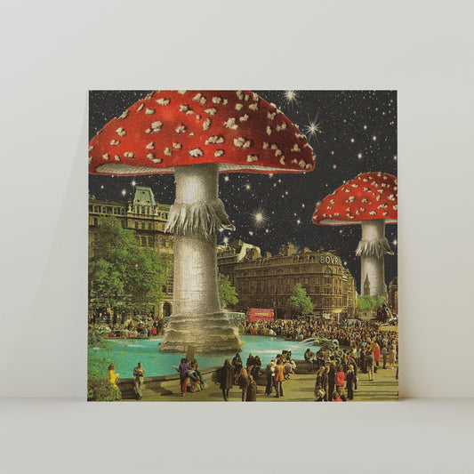 London Calling – Retro-inspirierter surrealistischer Pilz-Collage-Druck, quadratisch, 20 x 20 cm