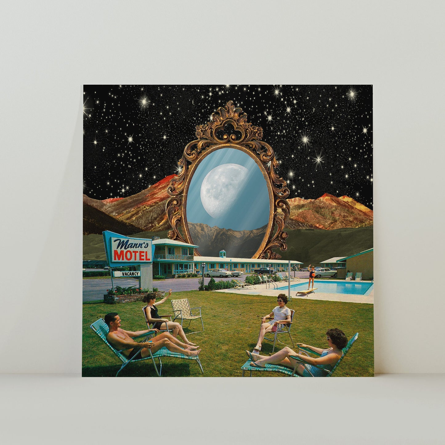 Moon Motel Espejo Surrealismo Retro Vintage Temático Cuadrado 20x20cm Impresión artística