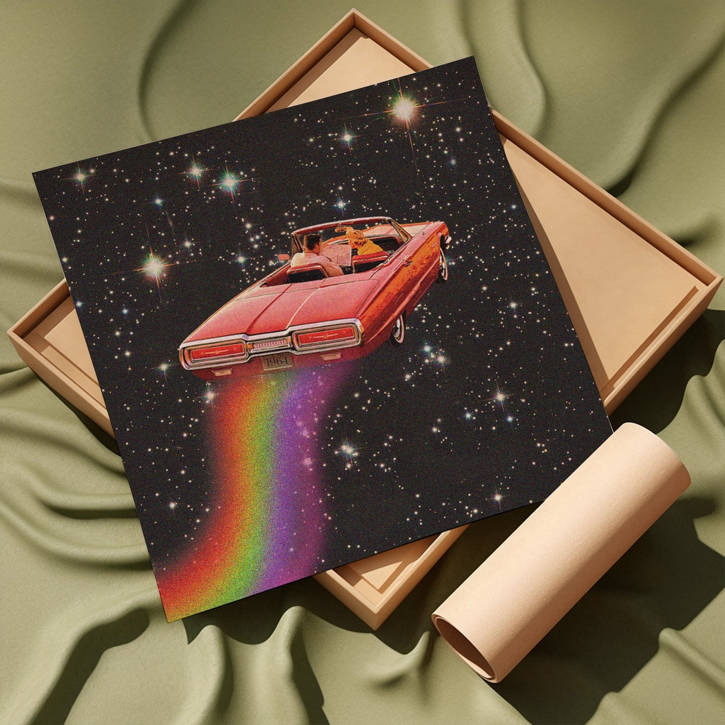 Rainbow Road - Collage espacial surrealista de inspiración retro, impresión cuadrada de 20 x 20 cm