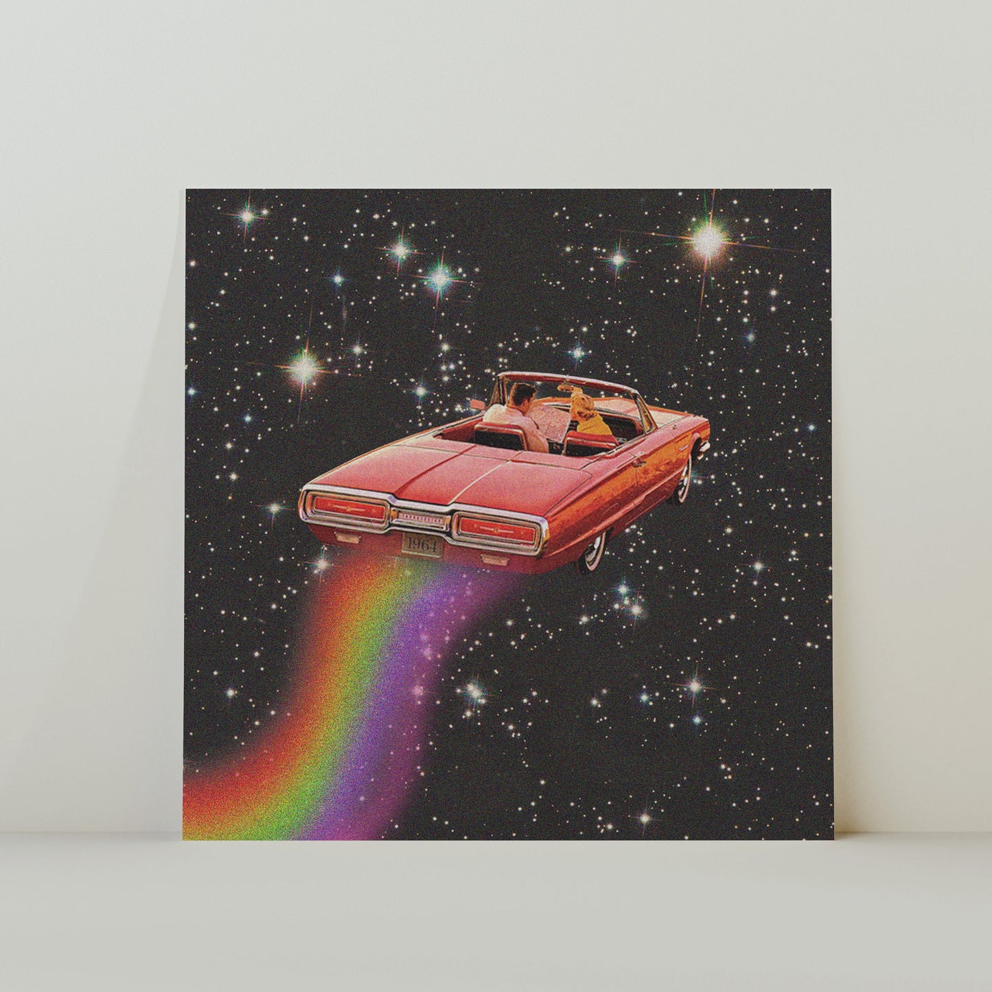 Rainbow Road – Retro-inspirierte surrealistische Weltraumcollage, quadratischer Druck, 20 x 20 cm